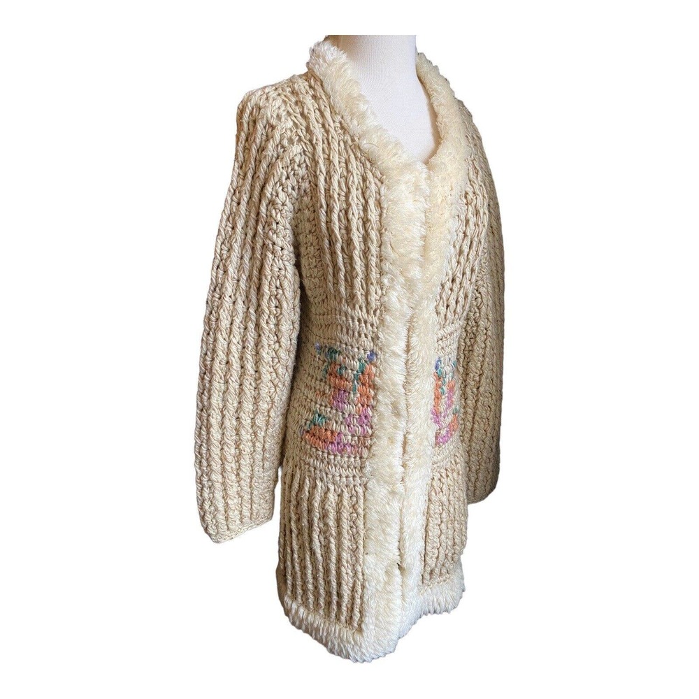 Junior Accent Hand Knit Thick Cozy Sweater Jacket Unique Sherpa Trim Size Large